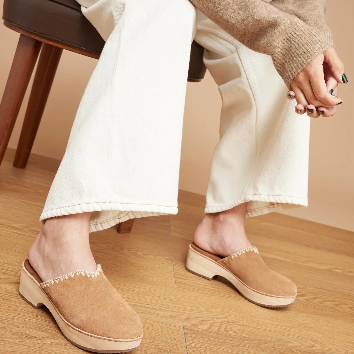 Addison Brown Suede Deco Stitch Clog Heel