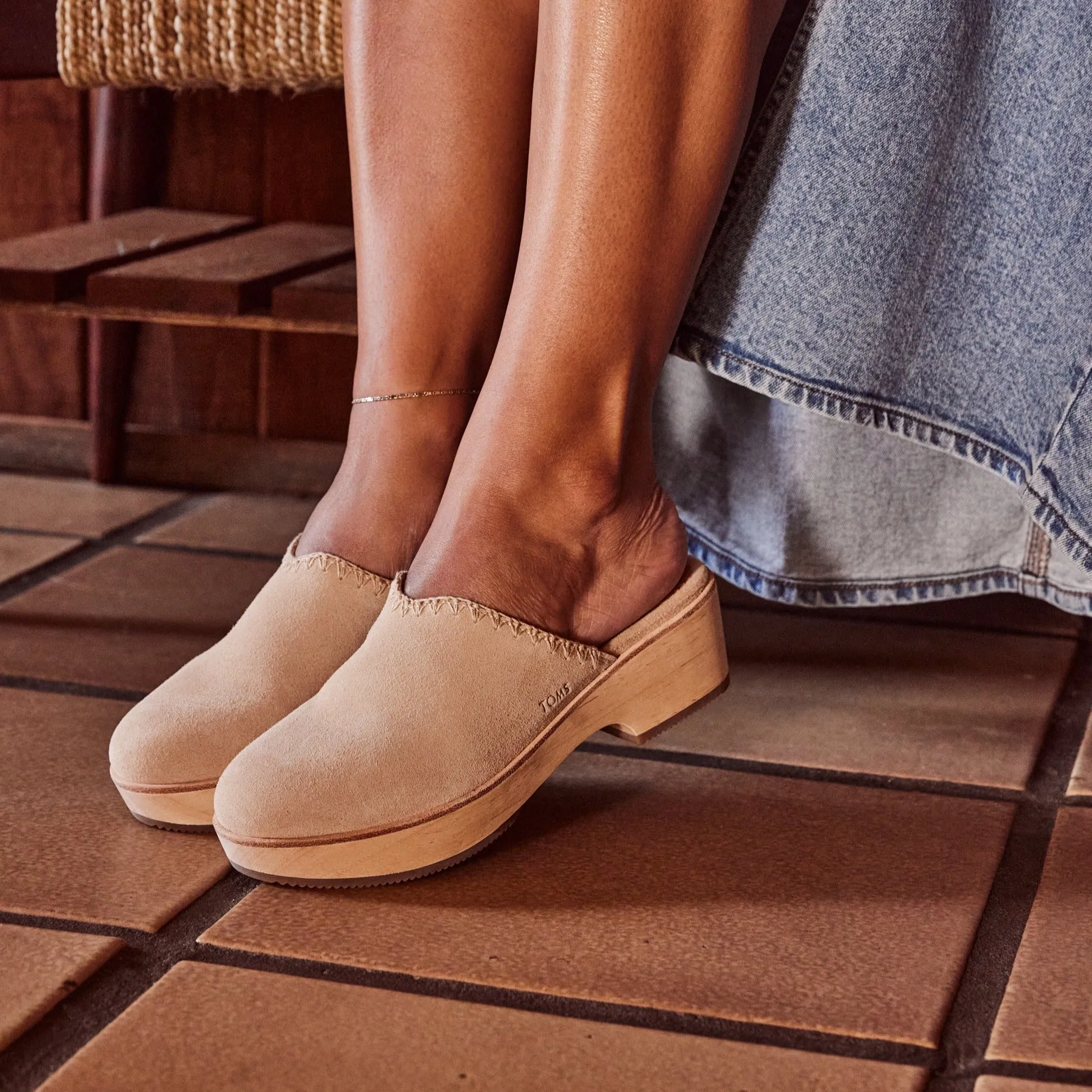 Addison Natural Suede Deco Stitch Clog Heel