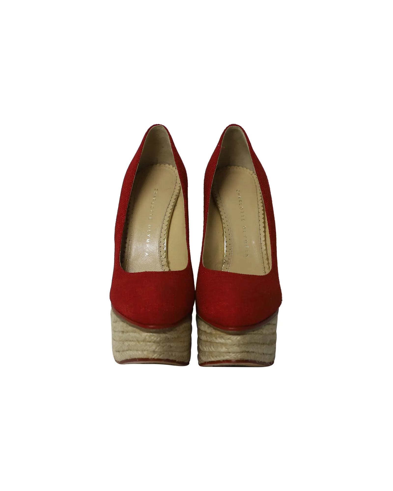 Charlotte Olympia Carmen Espadrille Platform Wedge Pumps in Red Canvas