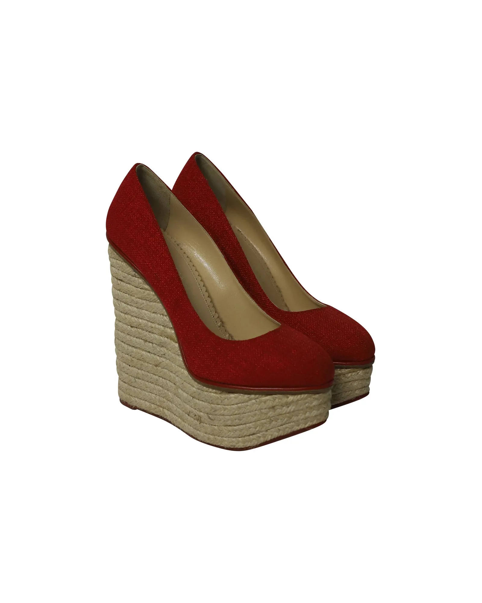 Charlotte Olympia Carmen Espadrille Platform Wedge Pumps in Red Canvas
