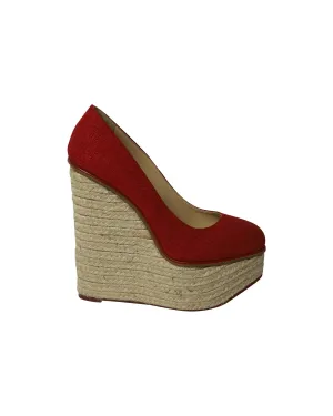 Charlotte Olympia Carmen Espadrille Platform Wedge Pumps in Red Canvas