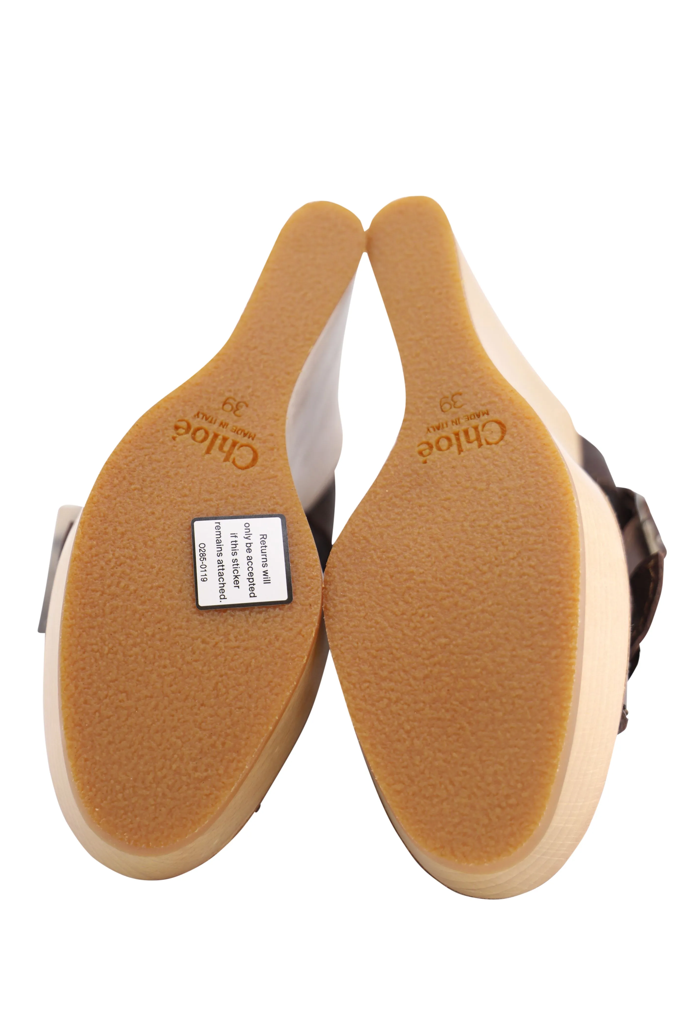 Chloe Buckle Wedge Wooden Sandals in Brown Leather