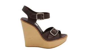 Chloe Buckle Wedge Wooden Sandals in Brown Leather