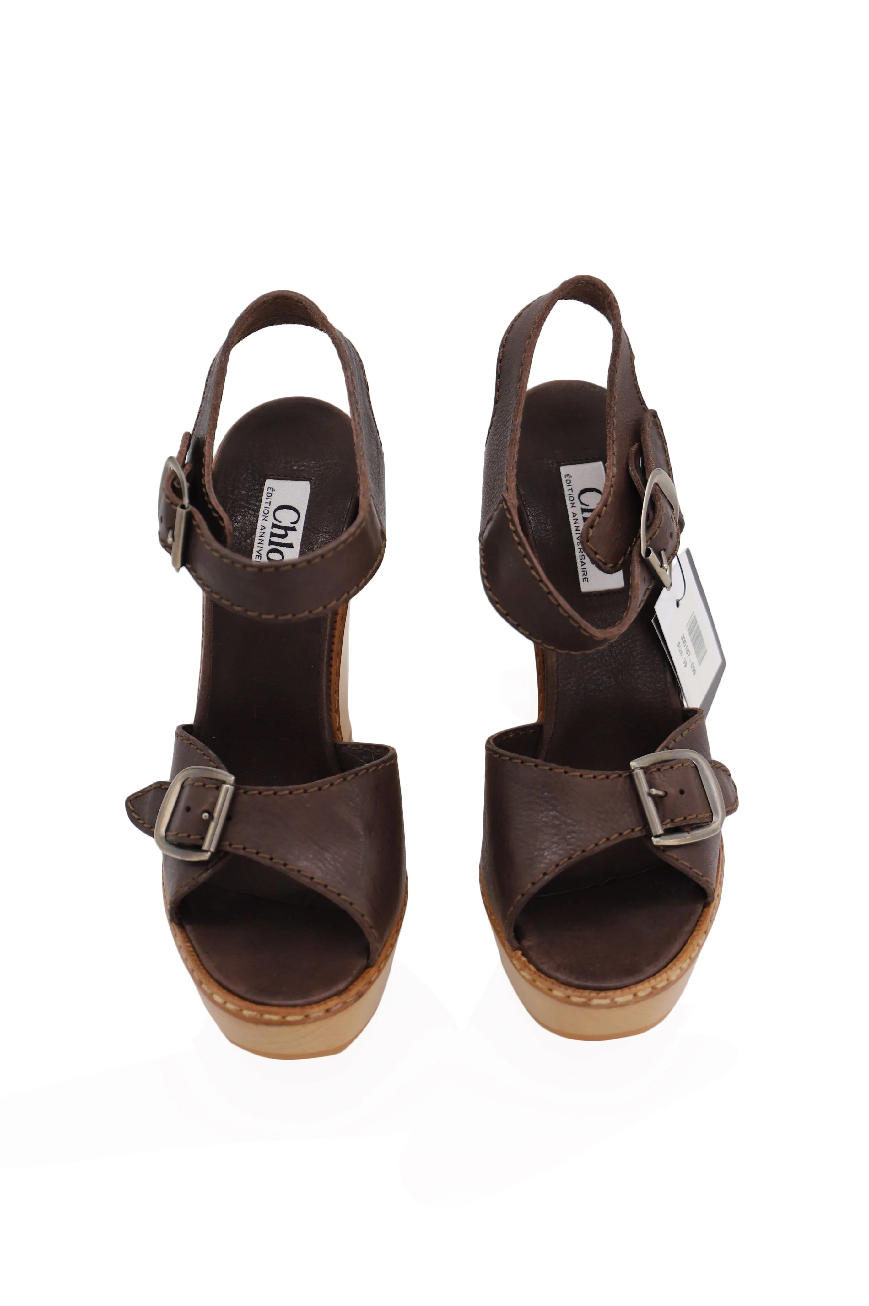 Chloe Buckle Wedge Wooden Sandals in Brown Leather