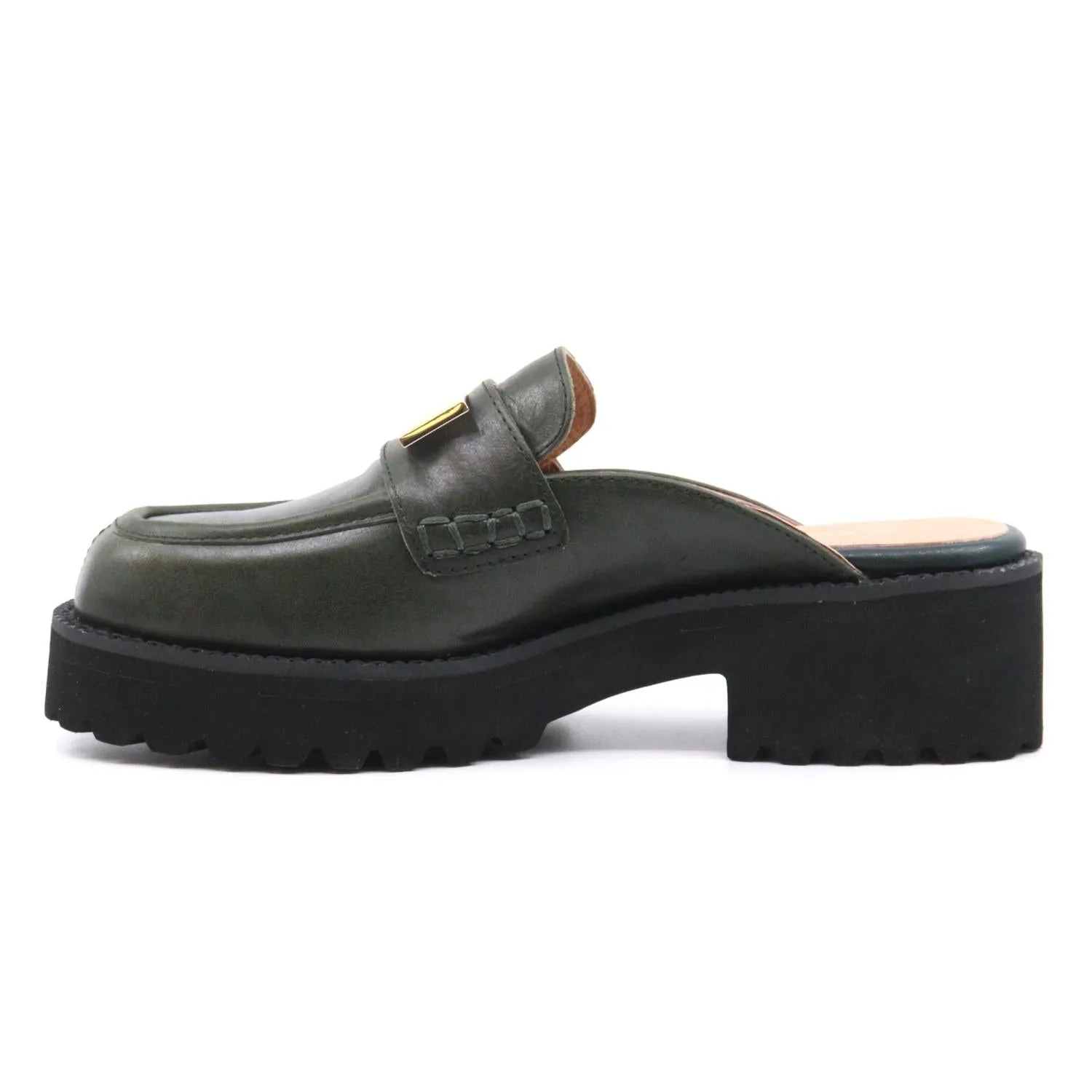 Flat Buckle Mule In Green