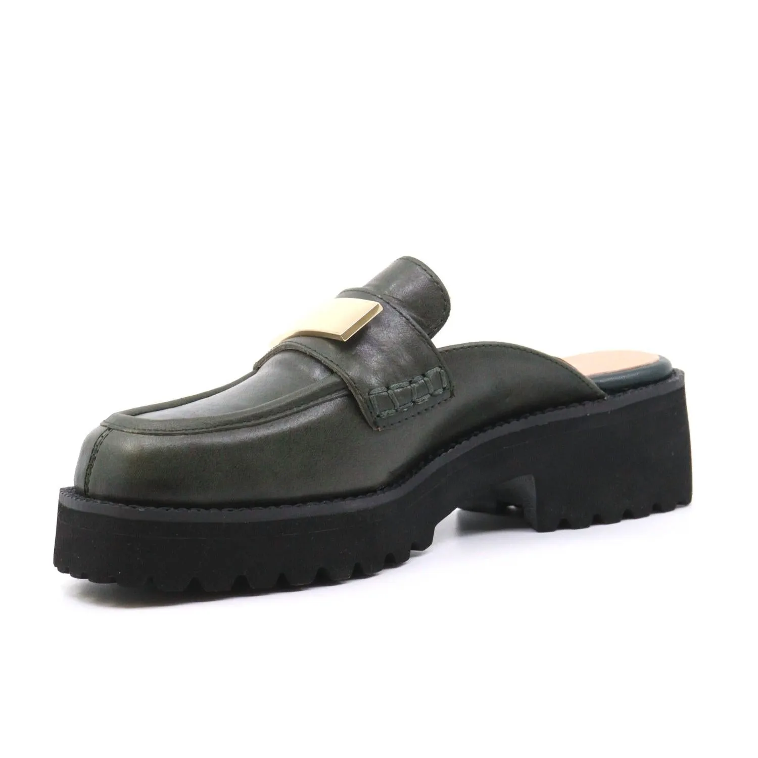 Flat Buckle Mule In Green