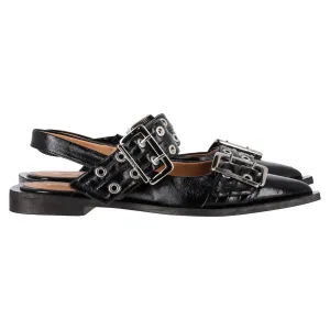 Ganni Buckled Slingback Ballet Flats in Black Leather