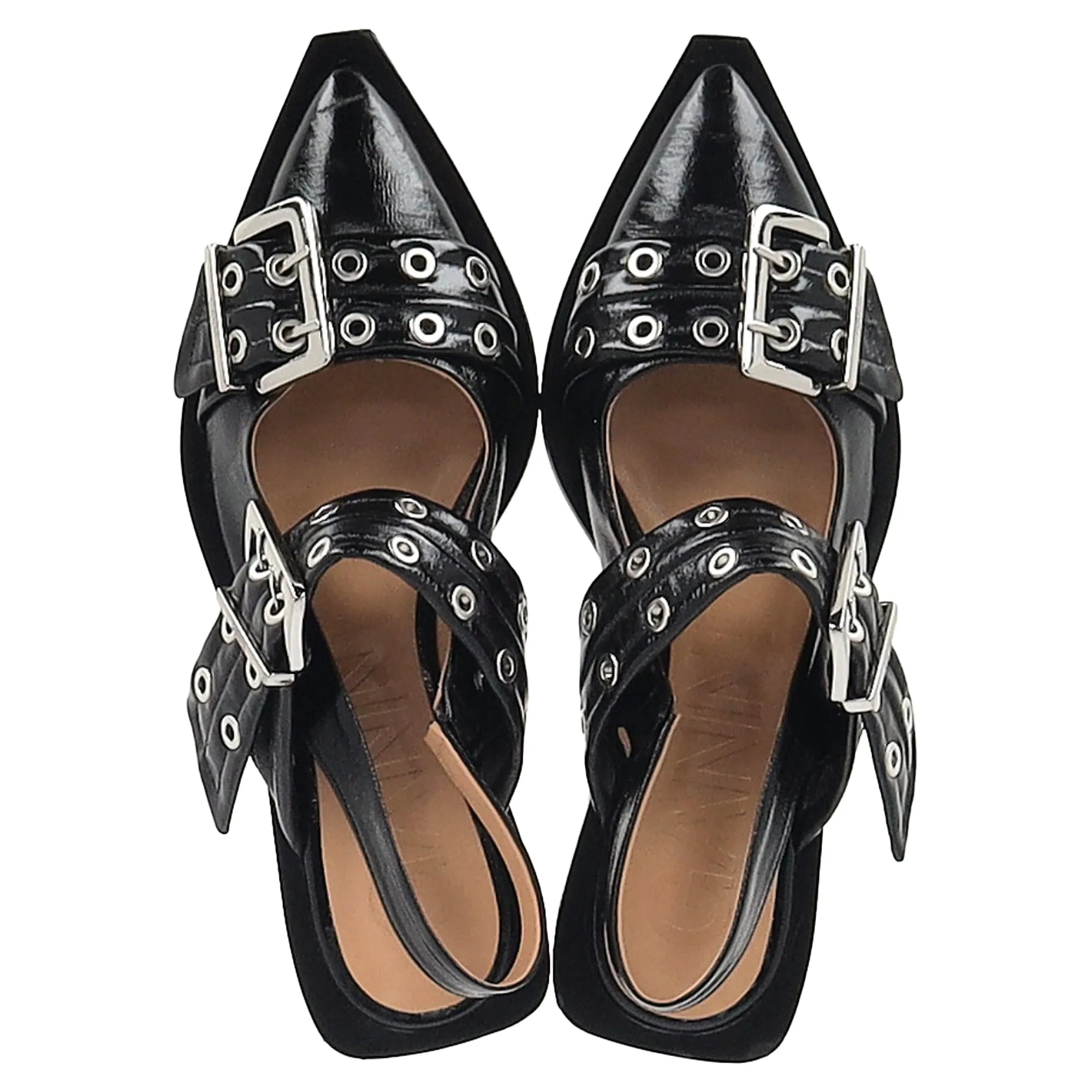 Ganni Buckled Slingback Ballet Flats in Black Leather