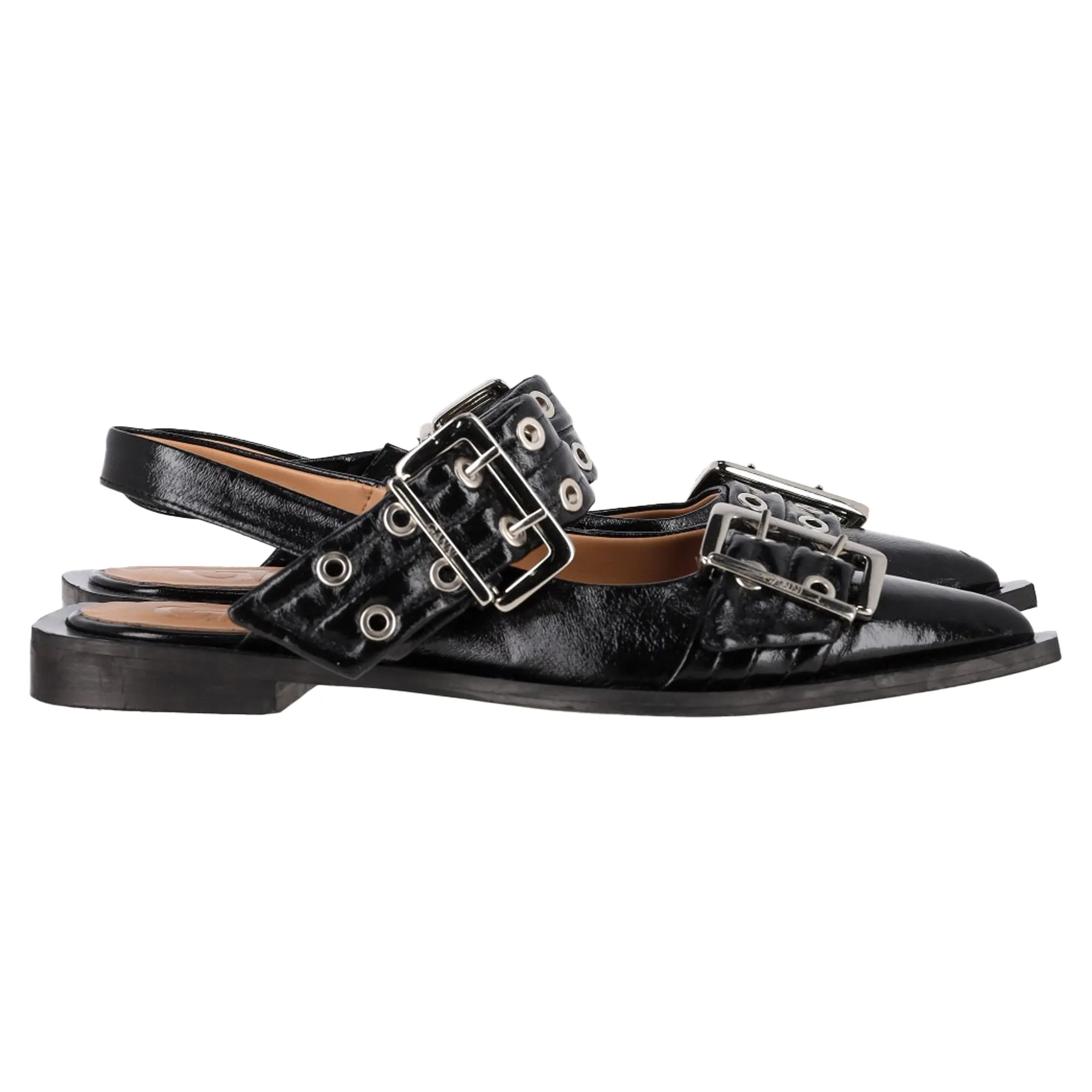 Ganni Buckled Slingback Ballet Flats in Black Leather