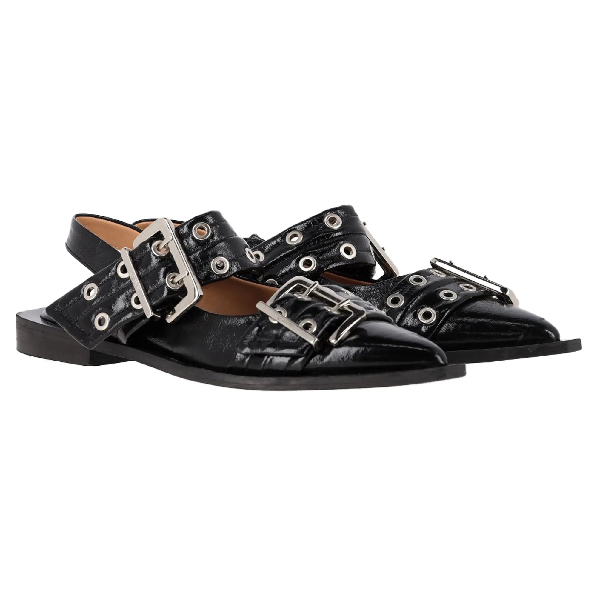 Ganni Buckled Slingback Ballet Flats in Black Leather