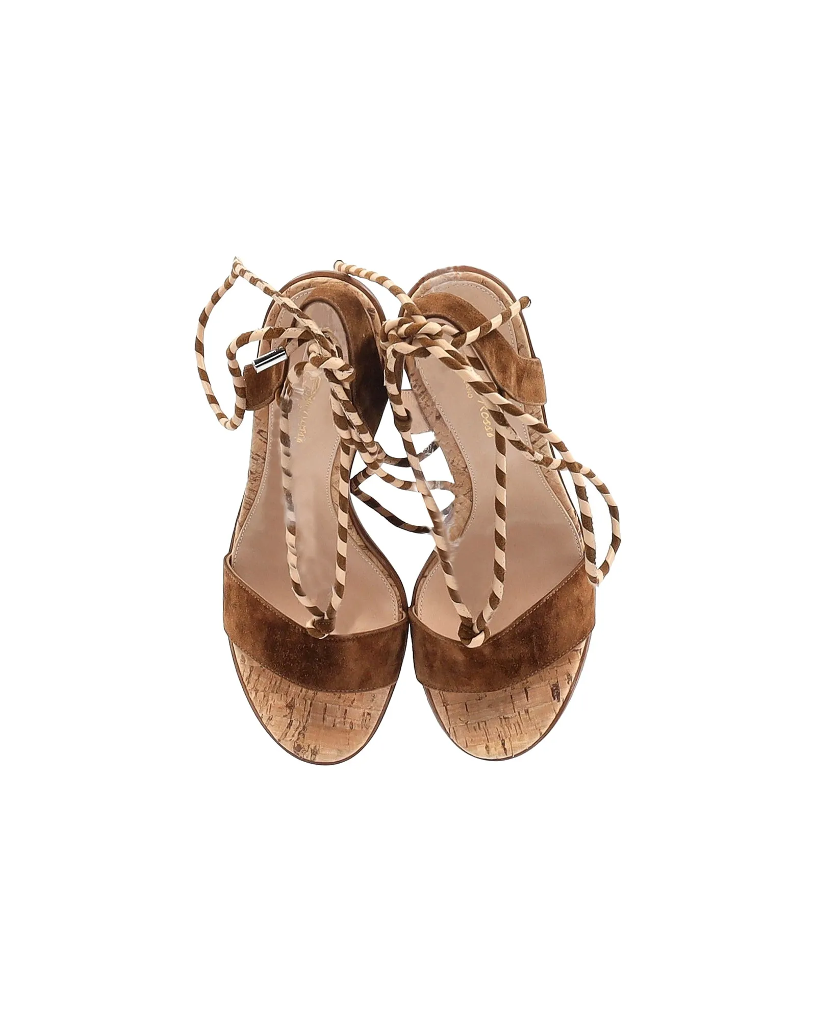 Gianvito Rossi Lace-Up Cork Wedge Sandals in Brown Suede