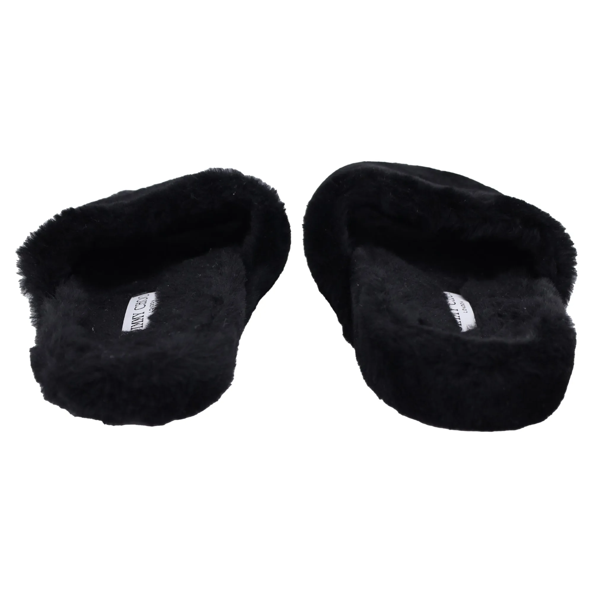 Jimmy Choo Acinda Shearling Crystal-Trimmed Slides in Black Nylon