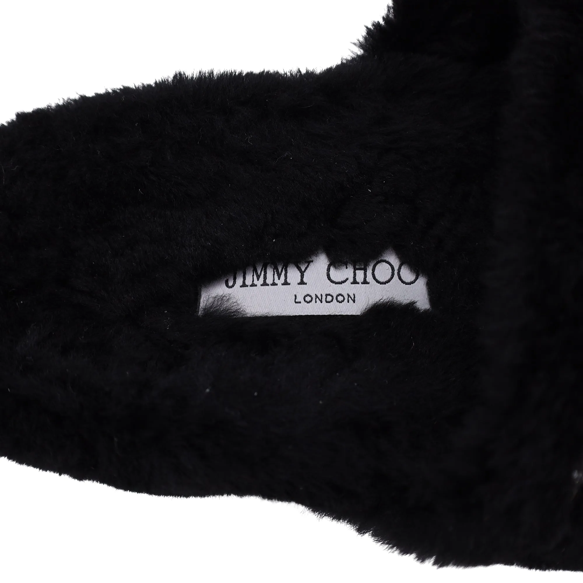 Jimmy Choo Acinda Shearling Crystal-Trimmed Slides in Black Nylon