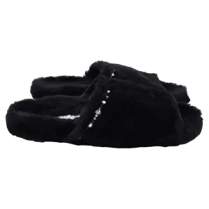 Jimmy Choo Acinda Shearling Crystal-Trimmed Slides in Black Nylon