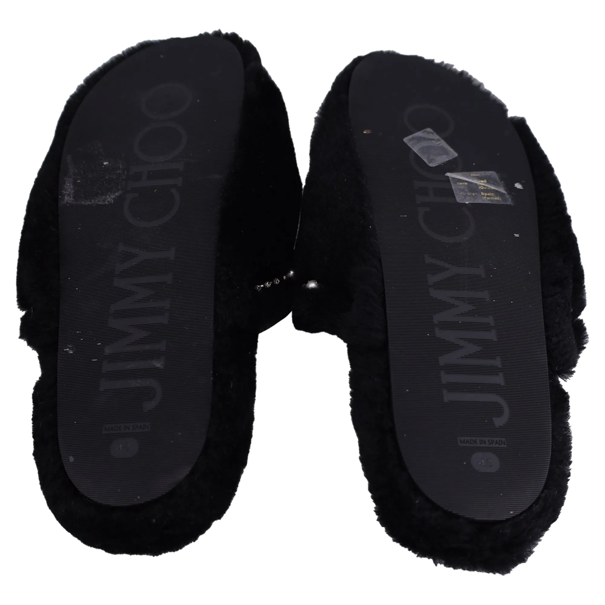 Jimmy Choo Acinda Shearling Crystal-Trimmed Slides in Black Nylon