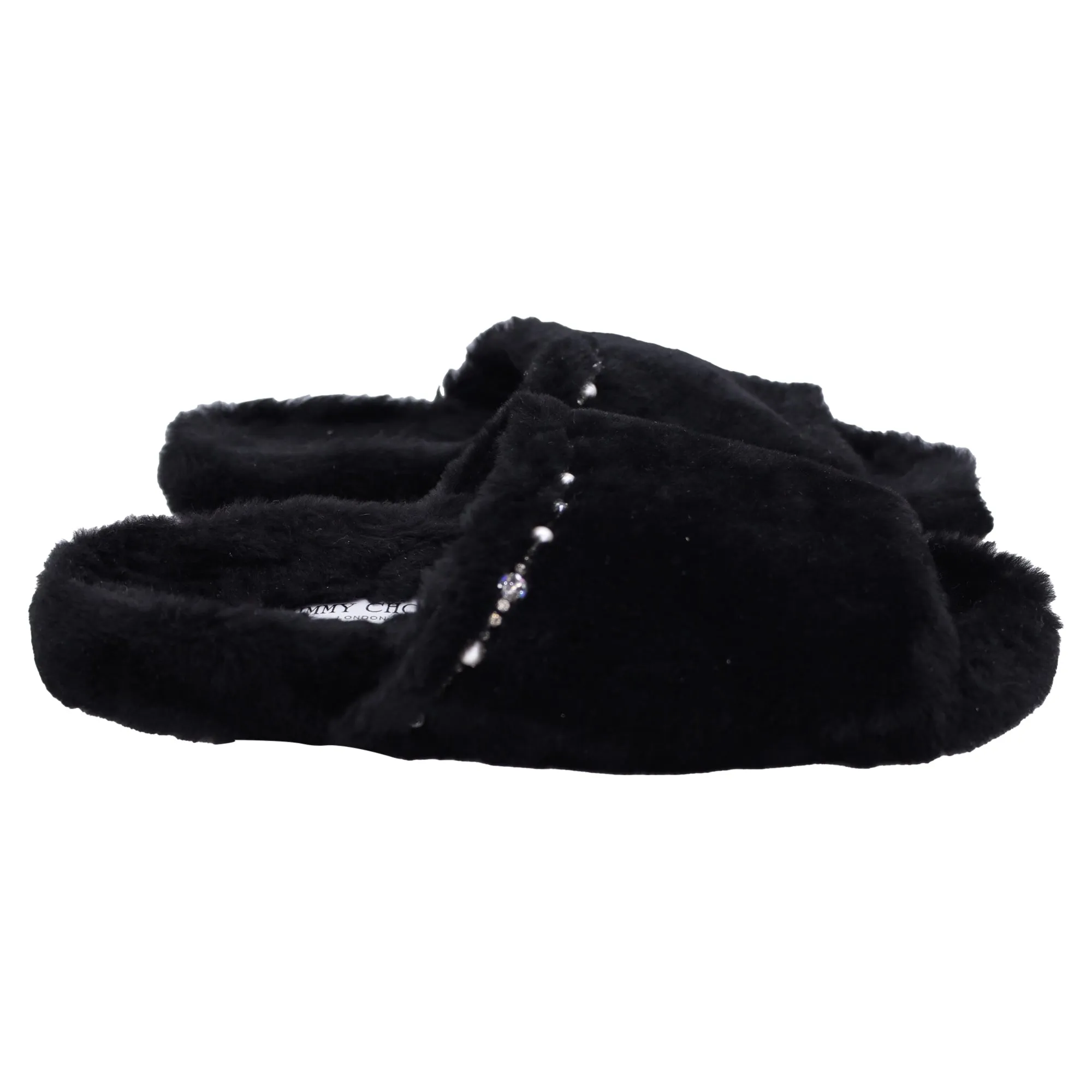 Jimmy Choo Acinda Shearling Crystal-Trimmed Slides in Black Nylon
