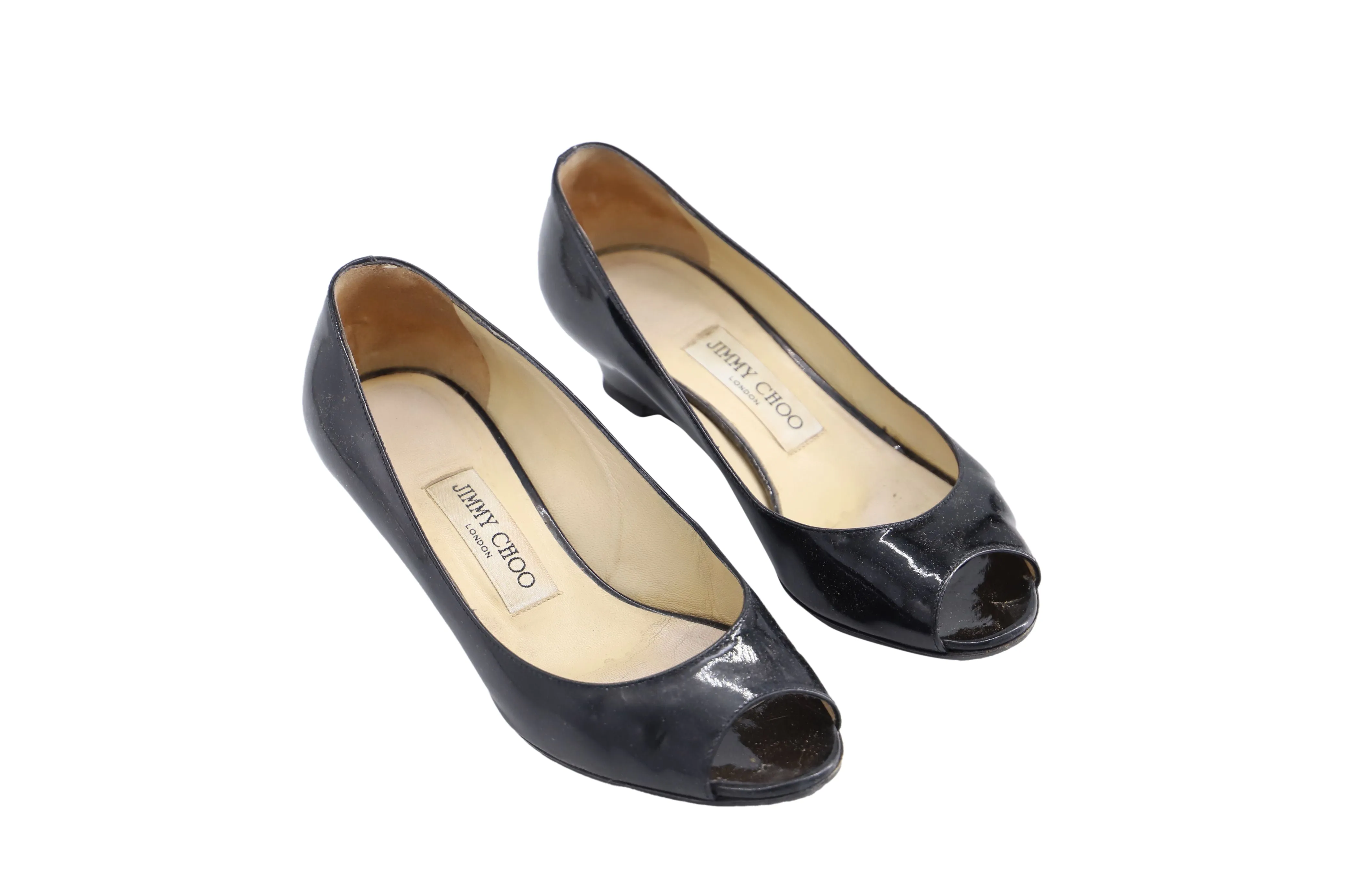 Jimmy Choo 'Baxen' Peep-toe Wedges in Black Patent Leather