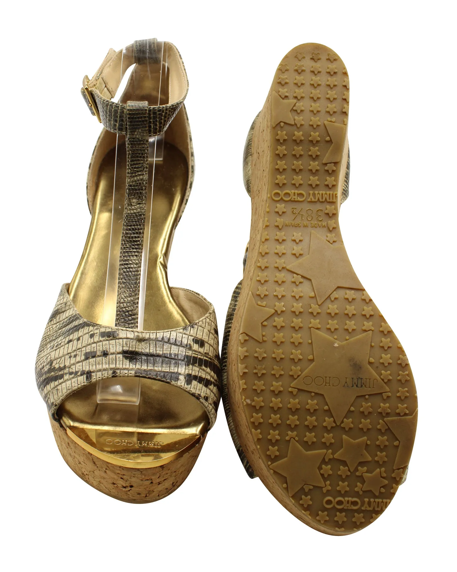 Jimmy Choo Cork Wedge Sandals with Snake Skin Print in Beige Leather