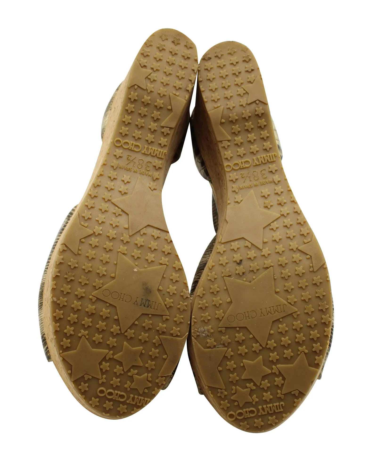 Jimmy Choo Cork Wedge Sandals with Snake Skin Print in Beige Leather
