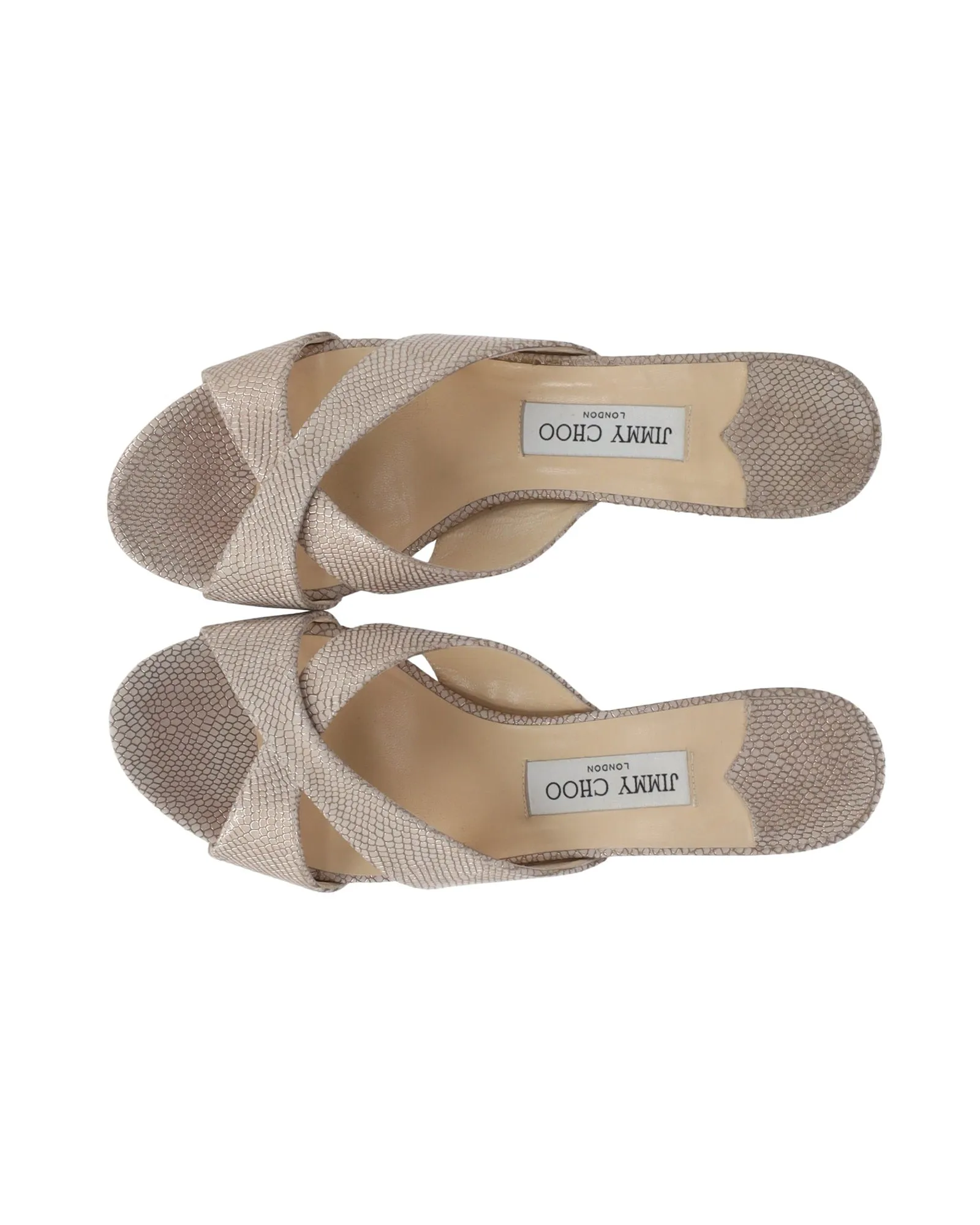 Jimmy Choo Cross Straps Wedge Sandals 50 in Metallic Leather