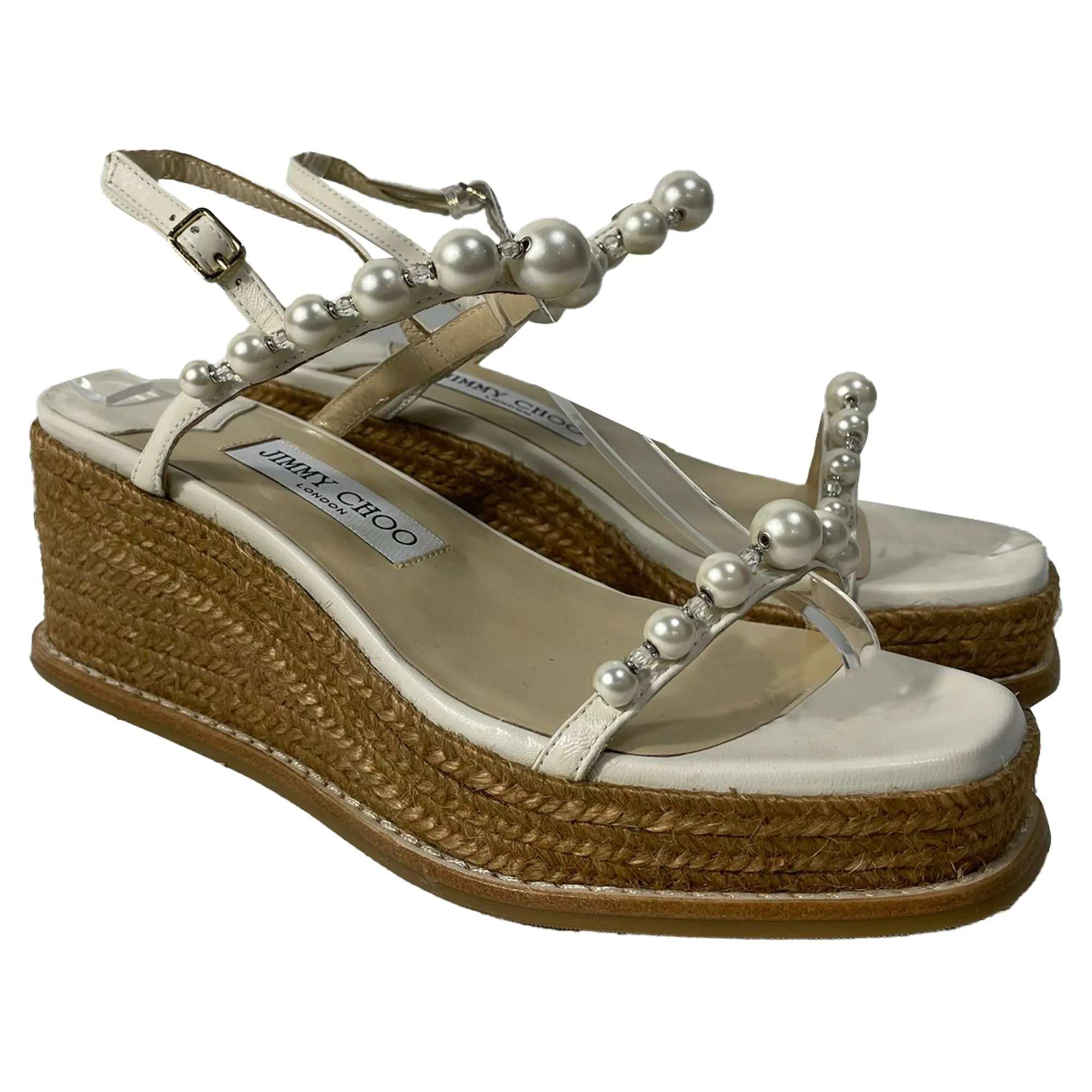 Jimmy Choo Latte Wedge Sandals with Pearls in White Nappa Leather