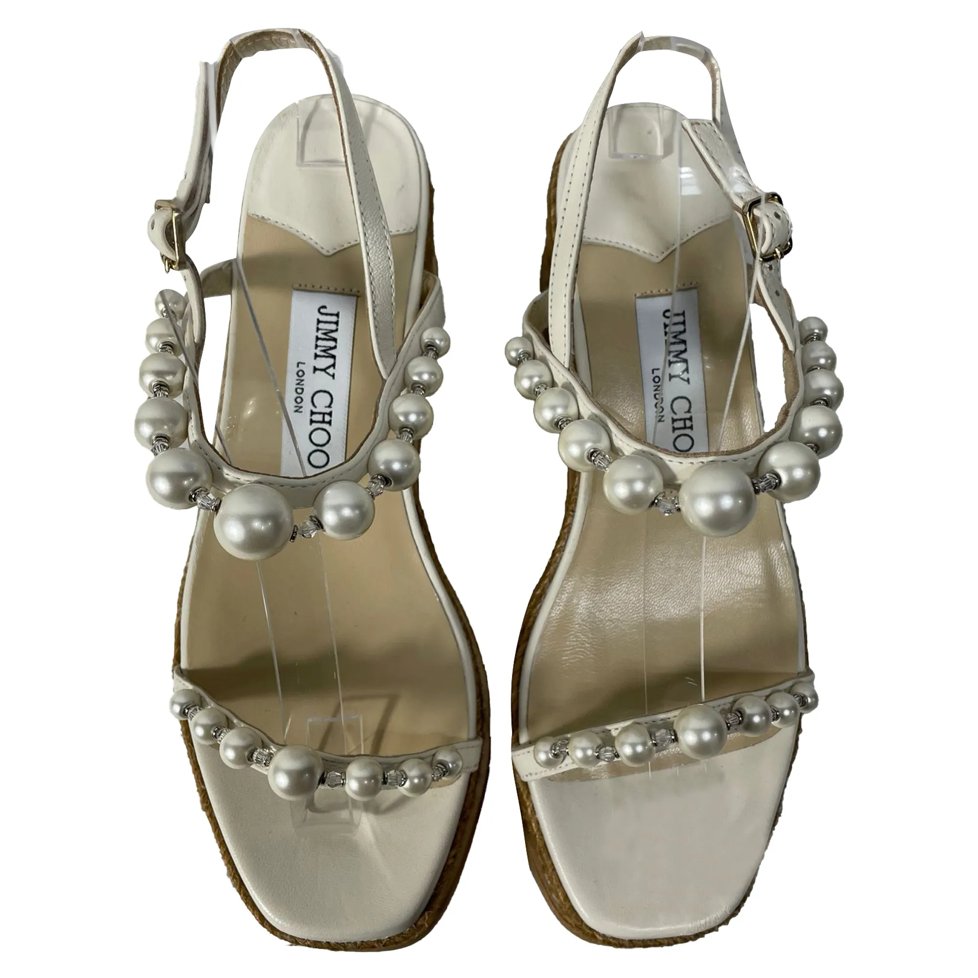 Jimmy Choo Latte Wedge Sandals with Pearls in White Nappa Leather