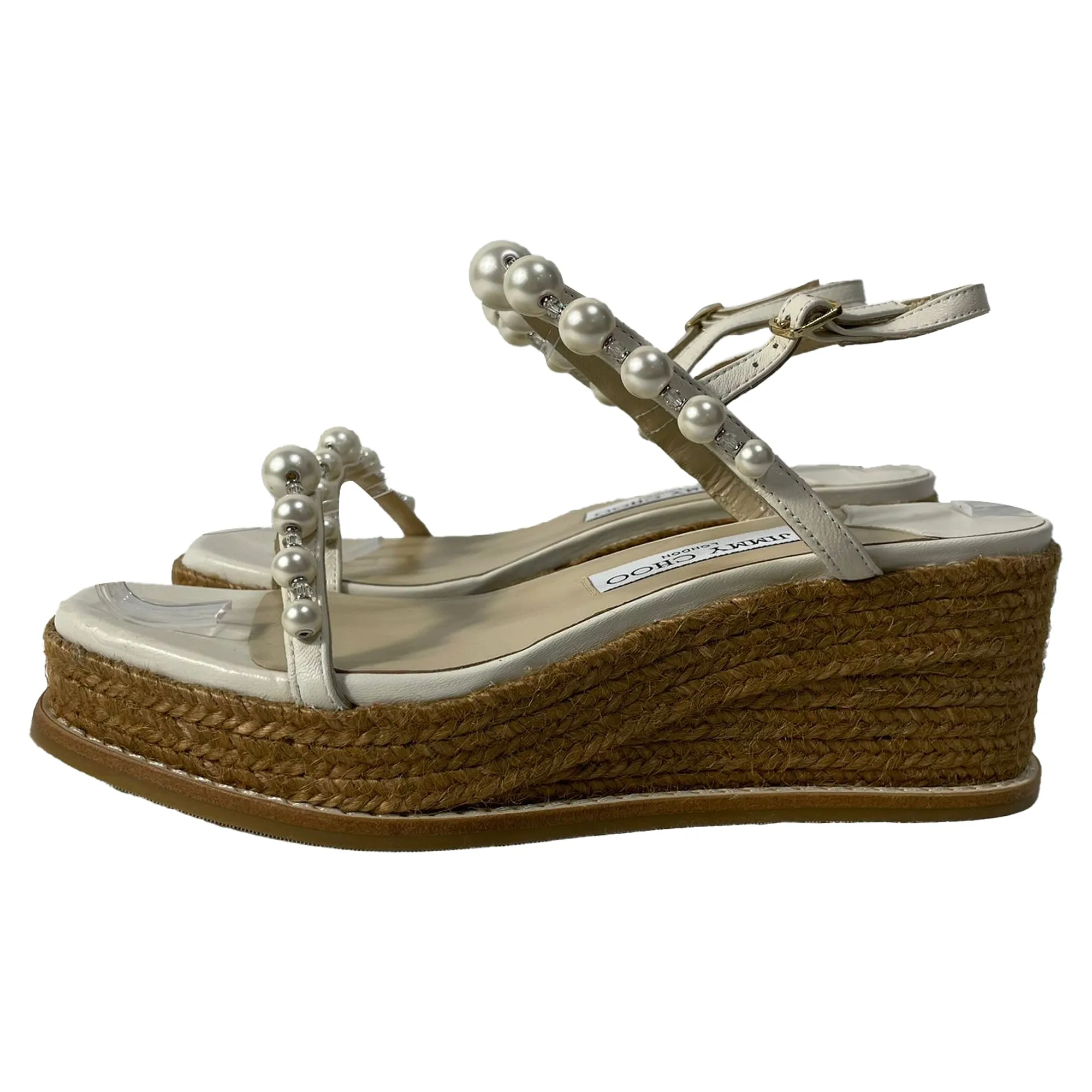 Jimmy Choo Latte Wedge Sandals with Pearls in White Nappa Leather