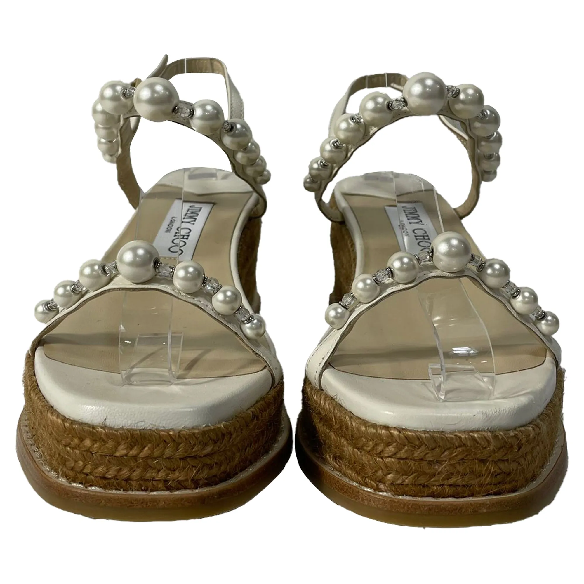 Jimmy Choo Latte Wedge Sandals with Pearls in White Nappa Leather