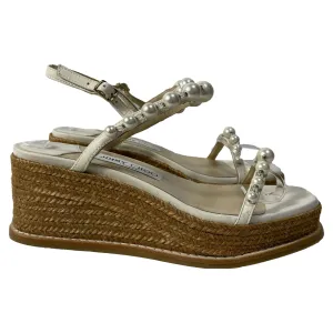 Jimmy Choo Latte Wedge Sandals with Pearls in White Nappa Leather