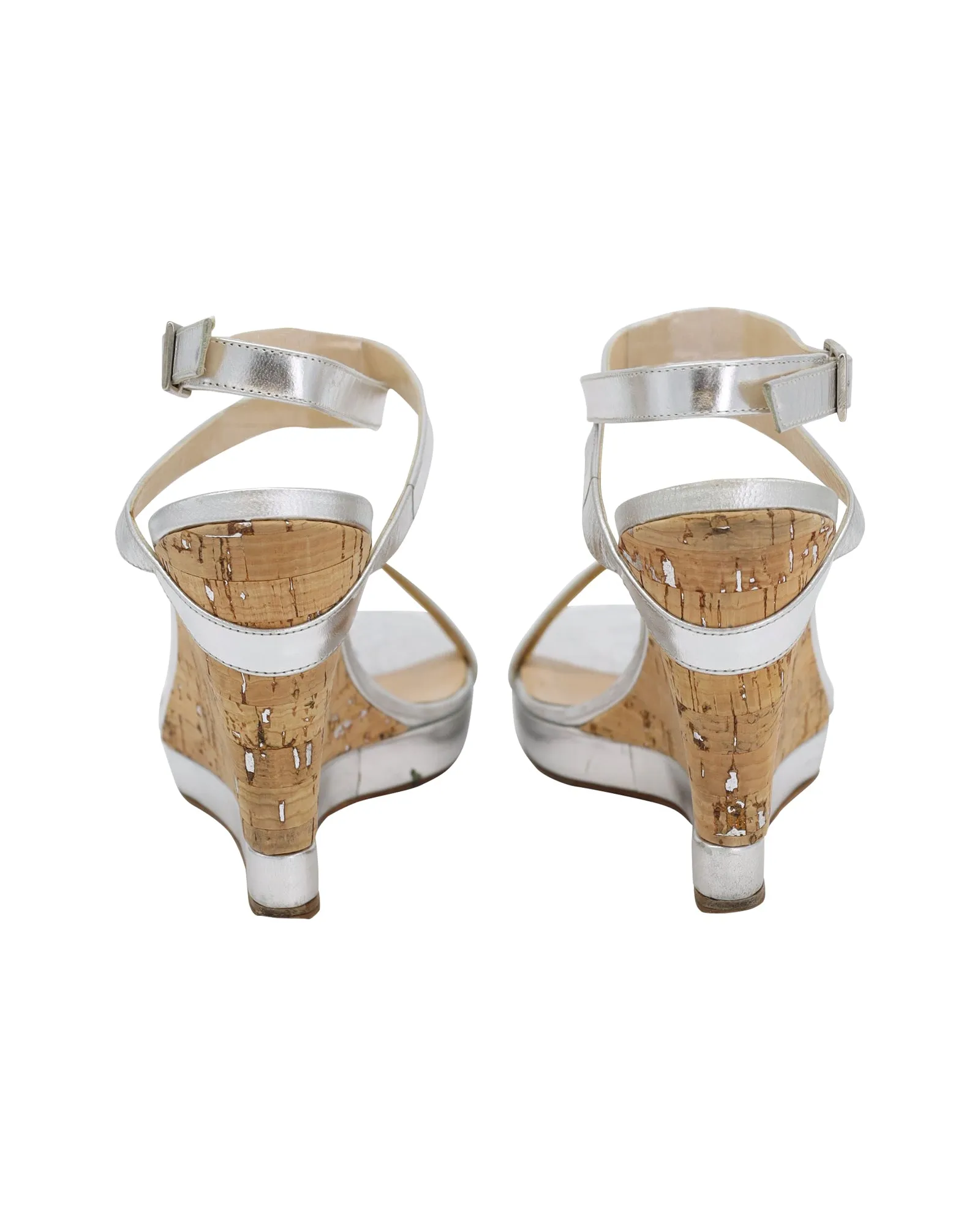 Jimmy Choo Strappy Wedge Heel Sandals in Silver Leather