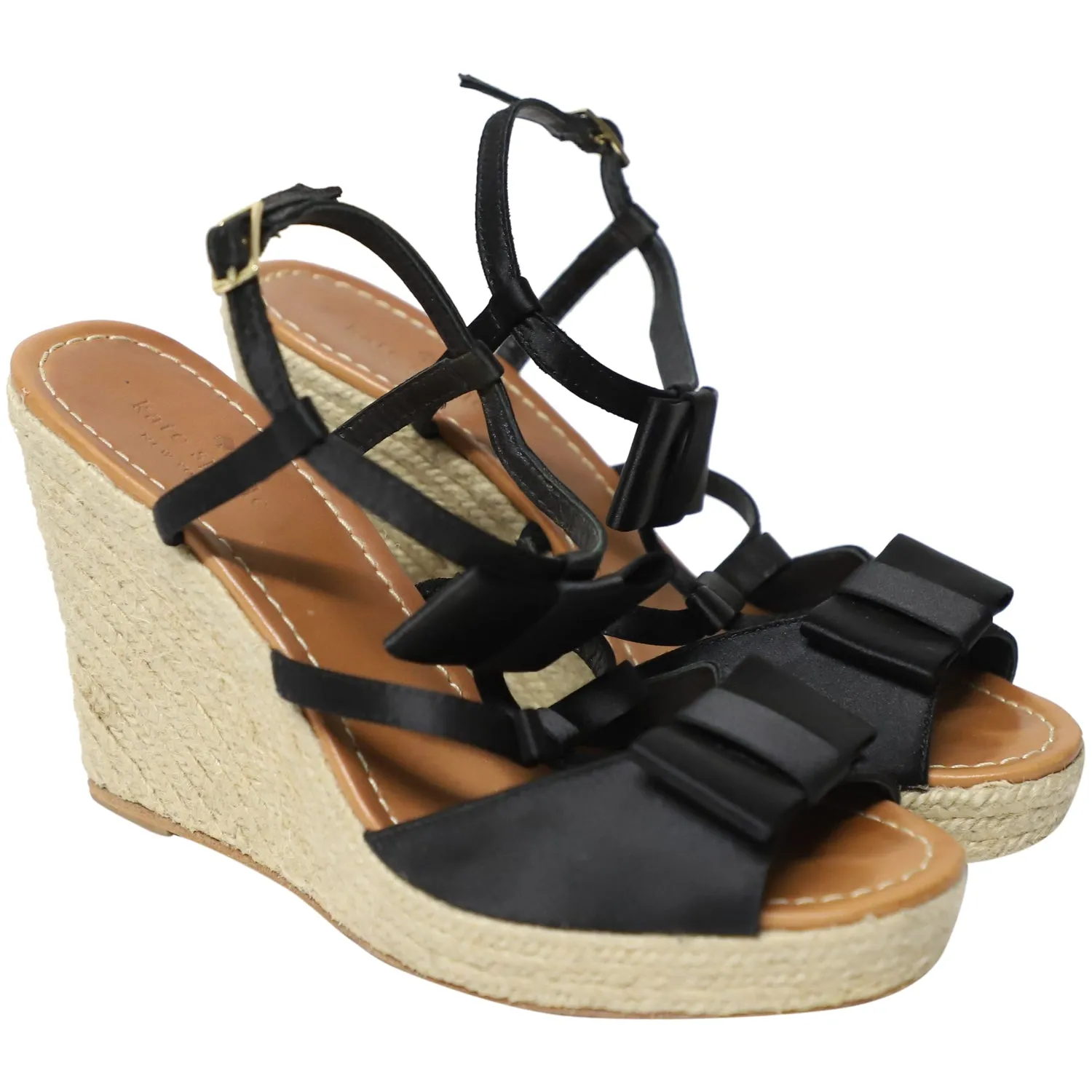 Kate Spade Juju Bow-Strap Espadrille Wedge in Black Leather