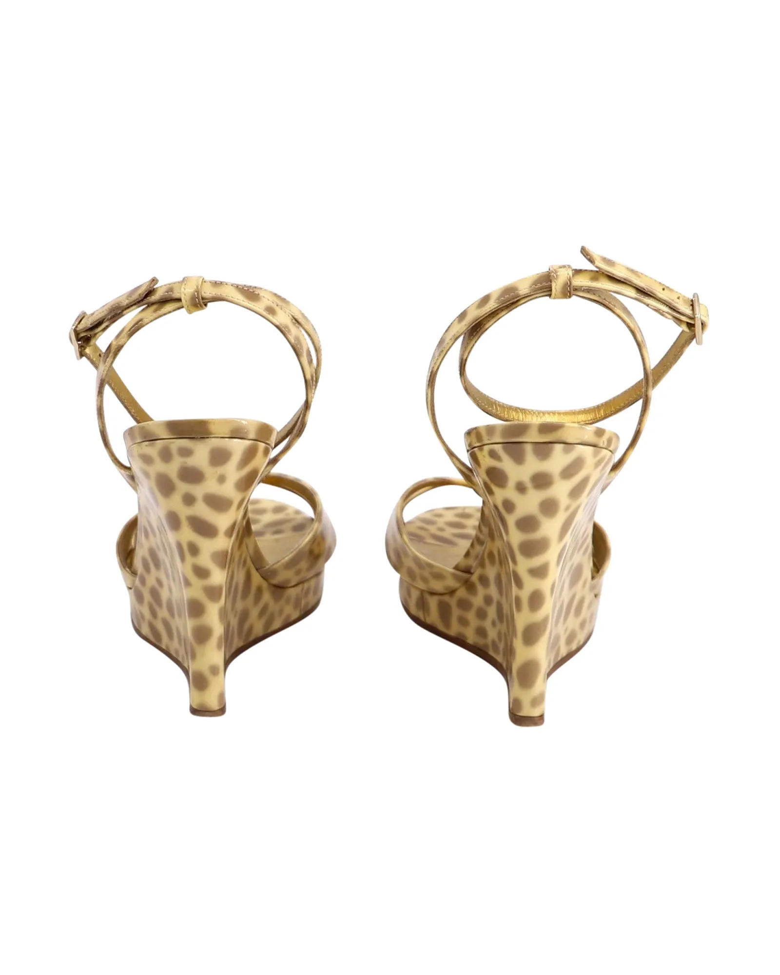 Kate Spade Ocelot Wedge Sandals in Gold Patent Leather
