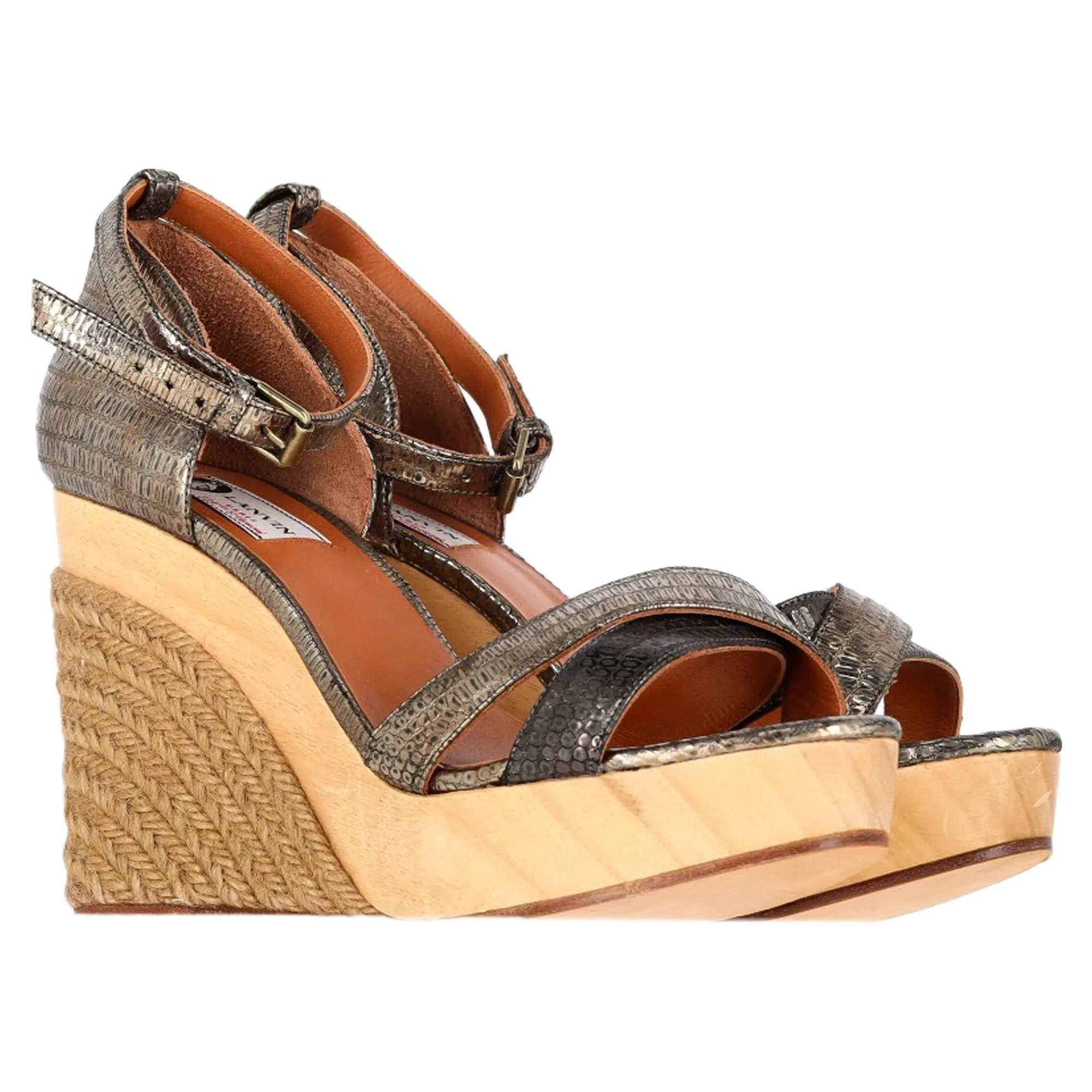 Lanvin Snake-Embossed Espadrille Slingback Wedge Sandals in Silver Leather