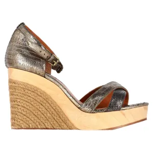 Lanvin Snake-Embossed Espadrille Slingback Wedge Sandals in Silver Leather