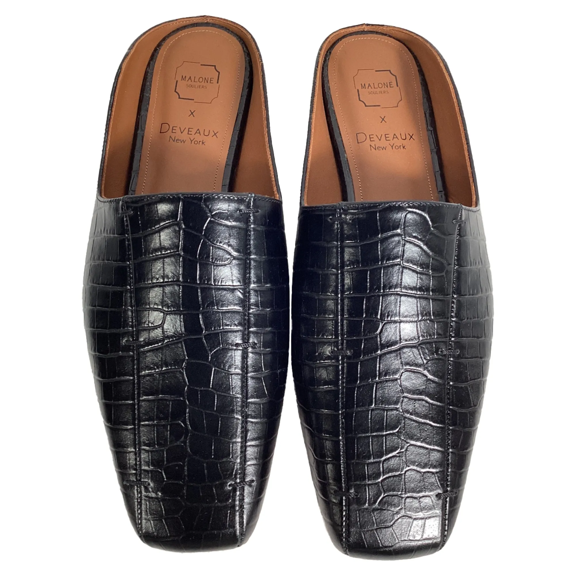 Malone Souliers x Deveaux Embossed Mules in Black Leather
