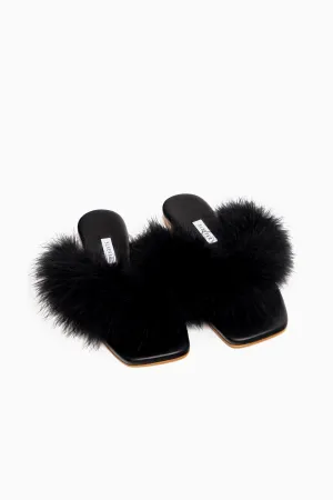 Pom Slides with Feathers in Black