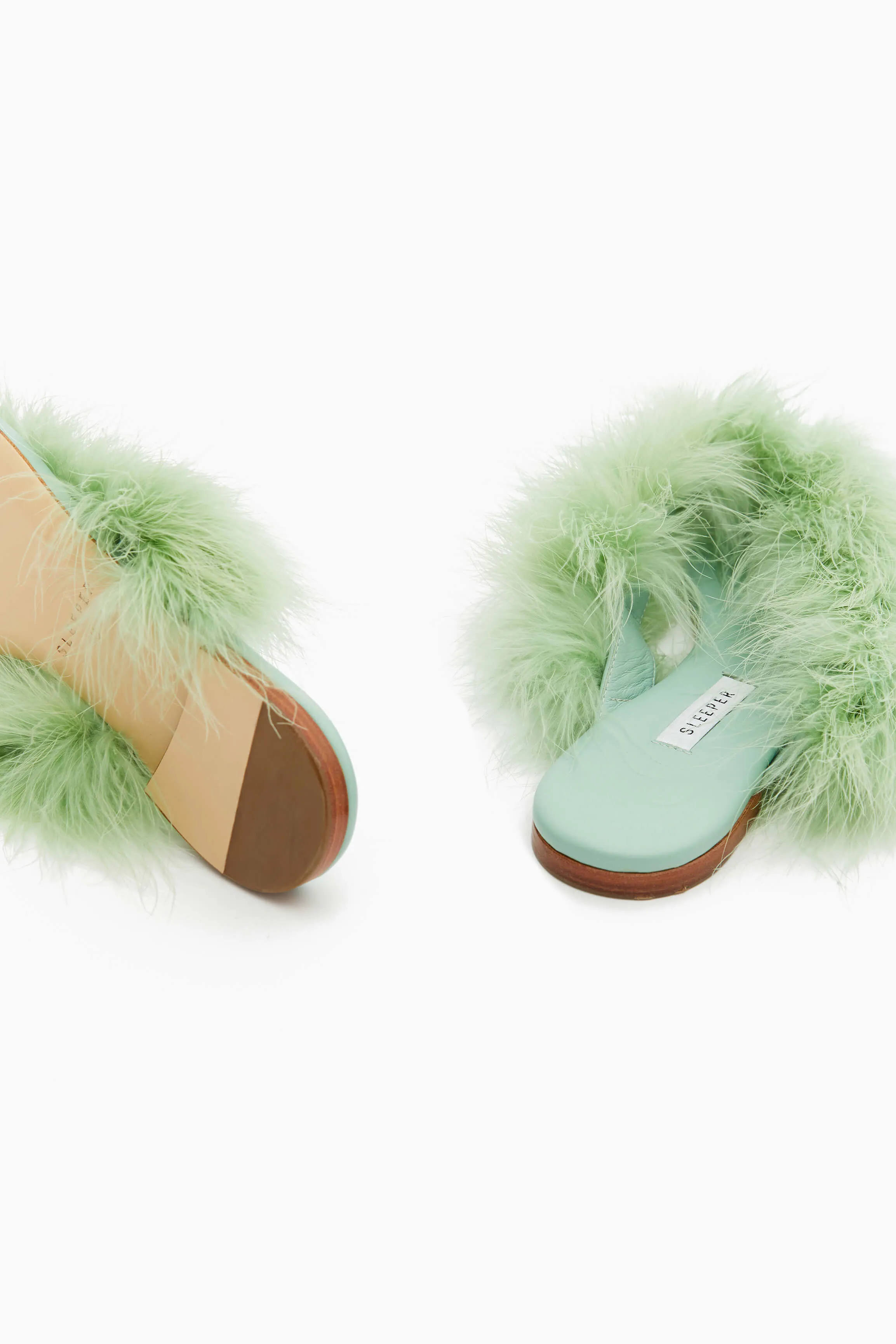 Pom Slides with Feathers in Mint