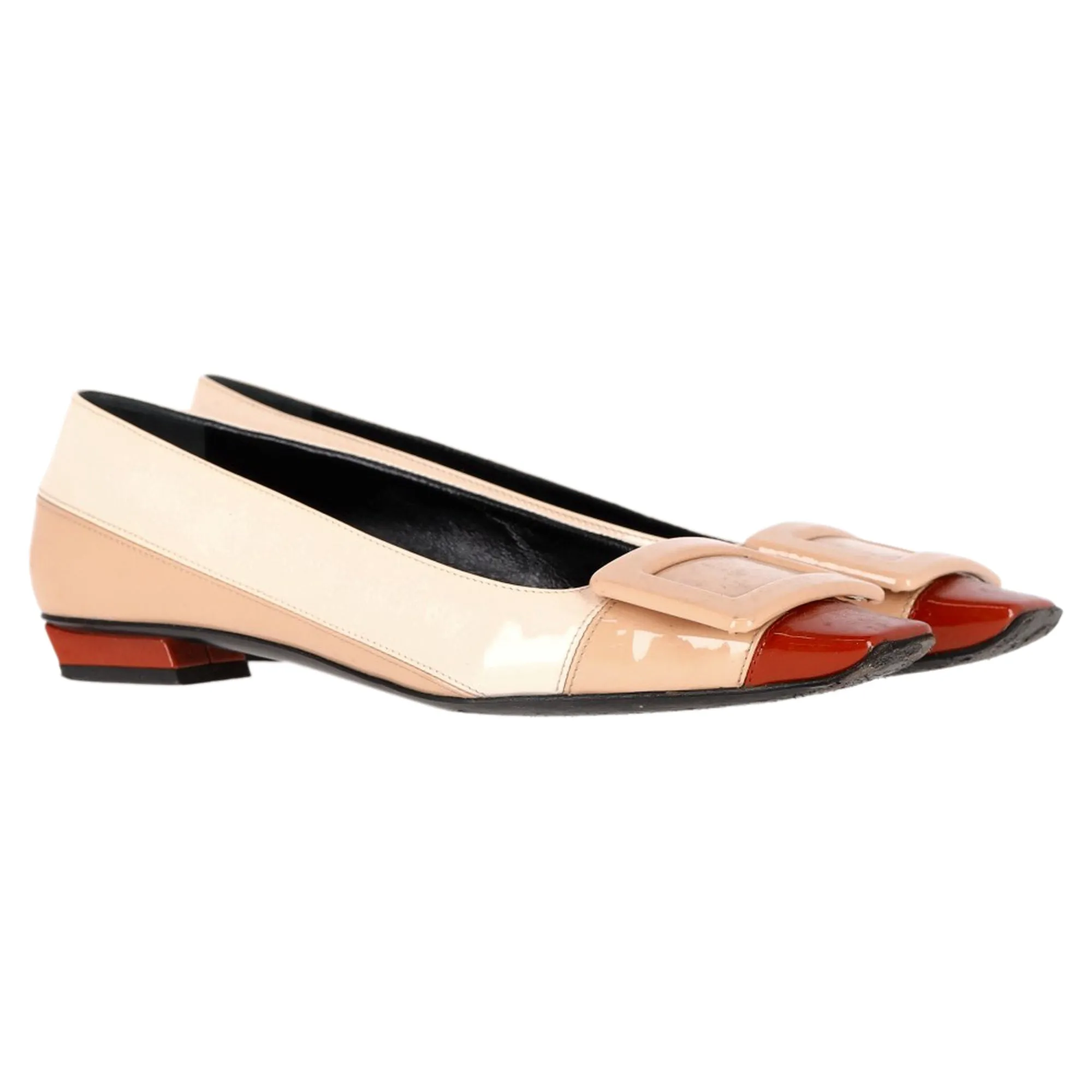 Roger Vivier Belle Vivier Buckle Flats in Beige Patent Leather