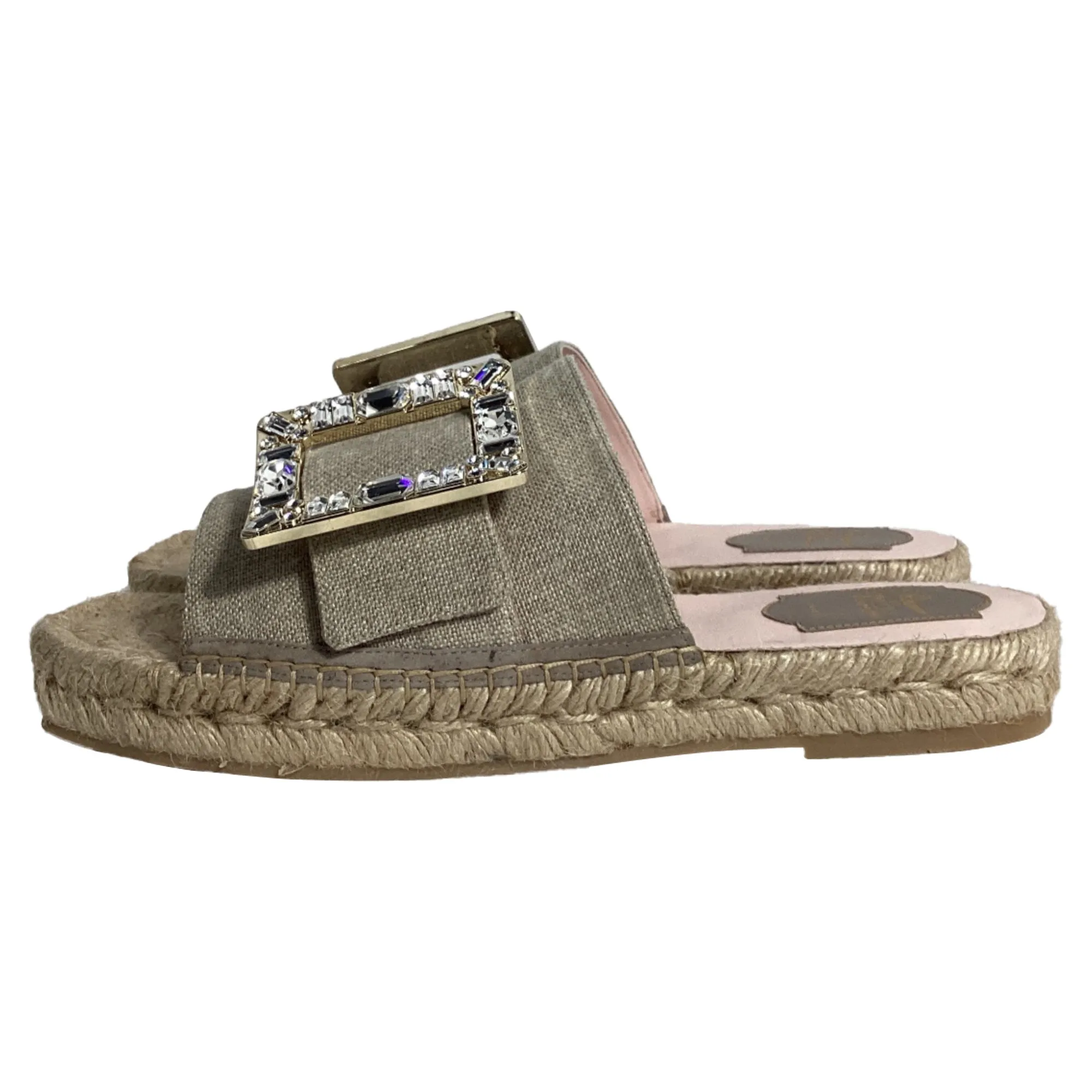 Roger Vivier Strass Espadrille Platform Slides in Beige Linen Canvas