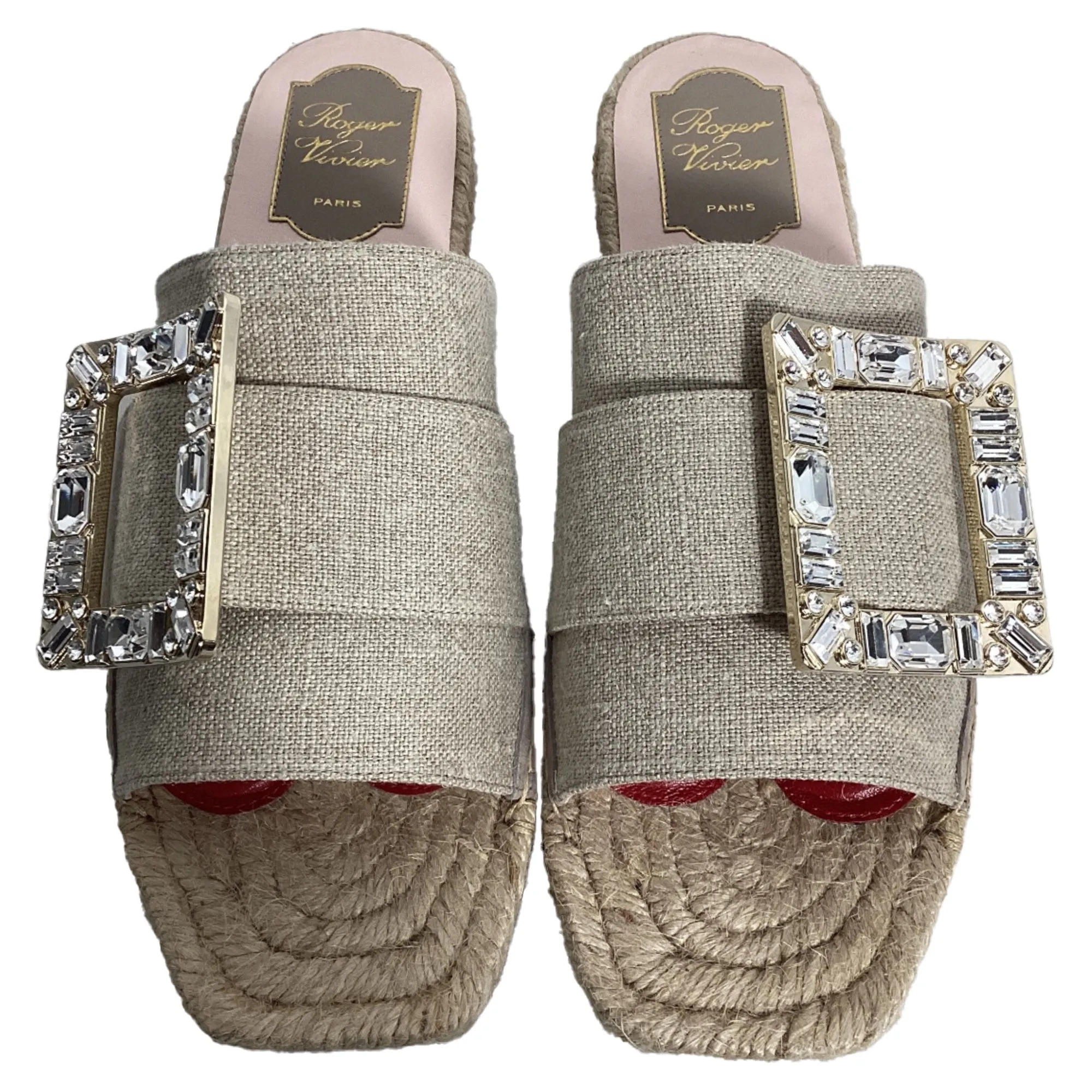 Roger Vivier Strass Espadrille Platform Slides in Beige Linen Canvas