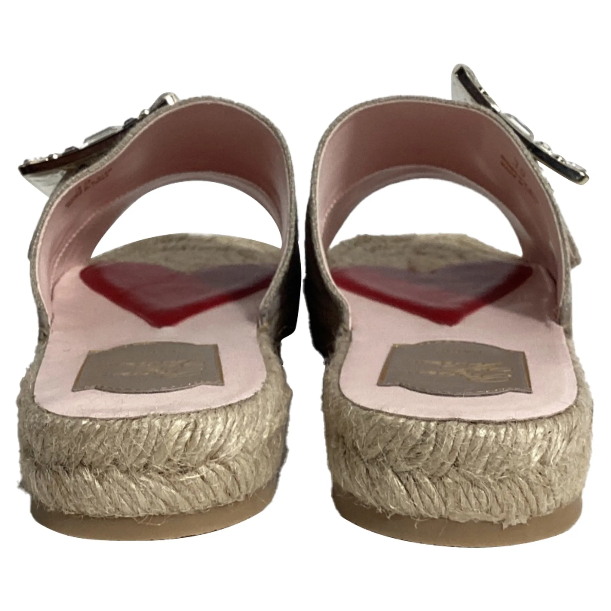 Roger Vivier Strass Espadrille Platform Slides in Beige Linen Canvas