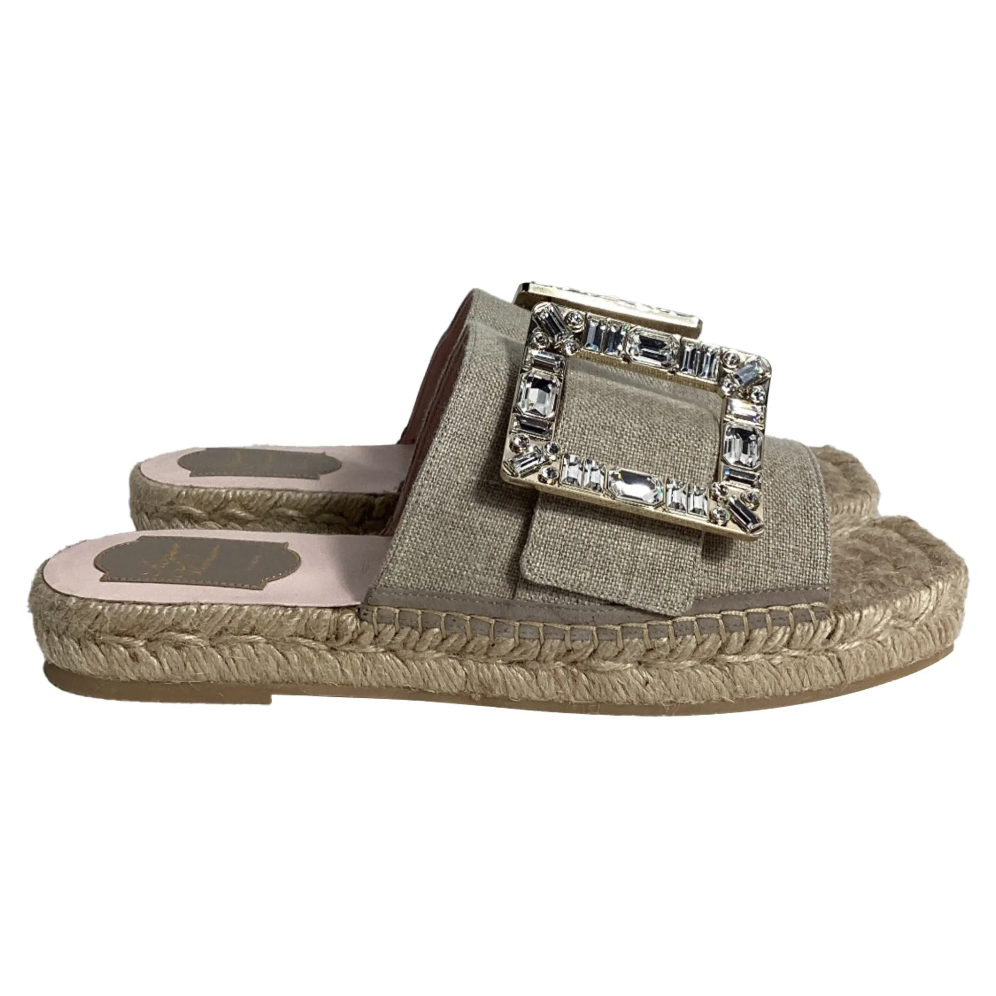 Roger Vivier Strass Espadrille Platform Slides in Beige Linen Canvas