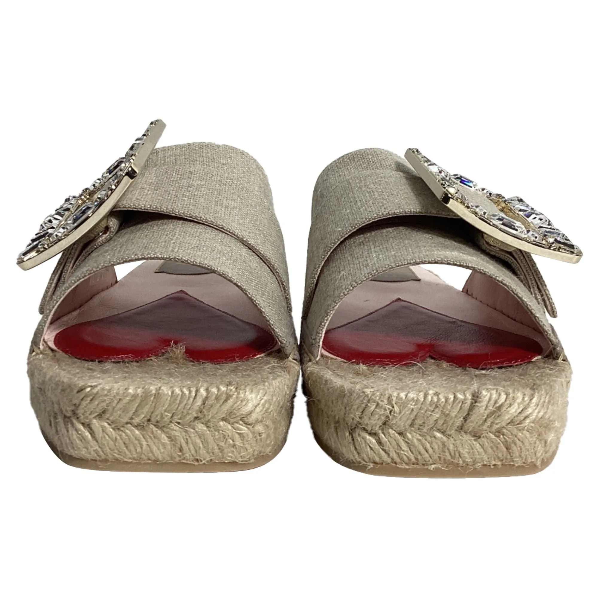 Roger Vivier Strass Espadrille Platform Slides in Beige Linen Canvas