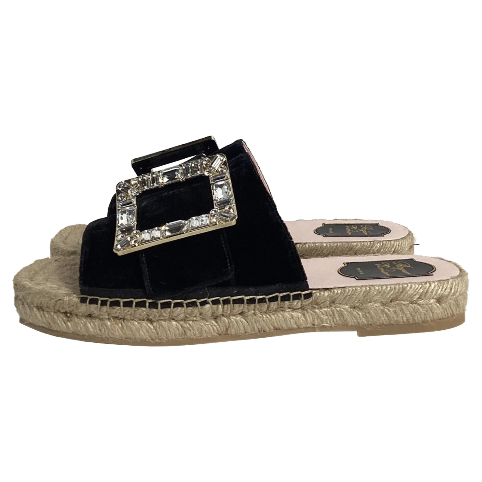 Roger Vivier Strass Espadrille Platform Slides in Black Velvet