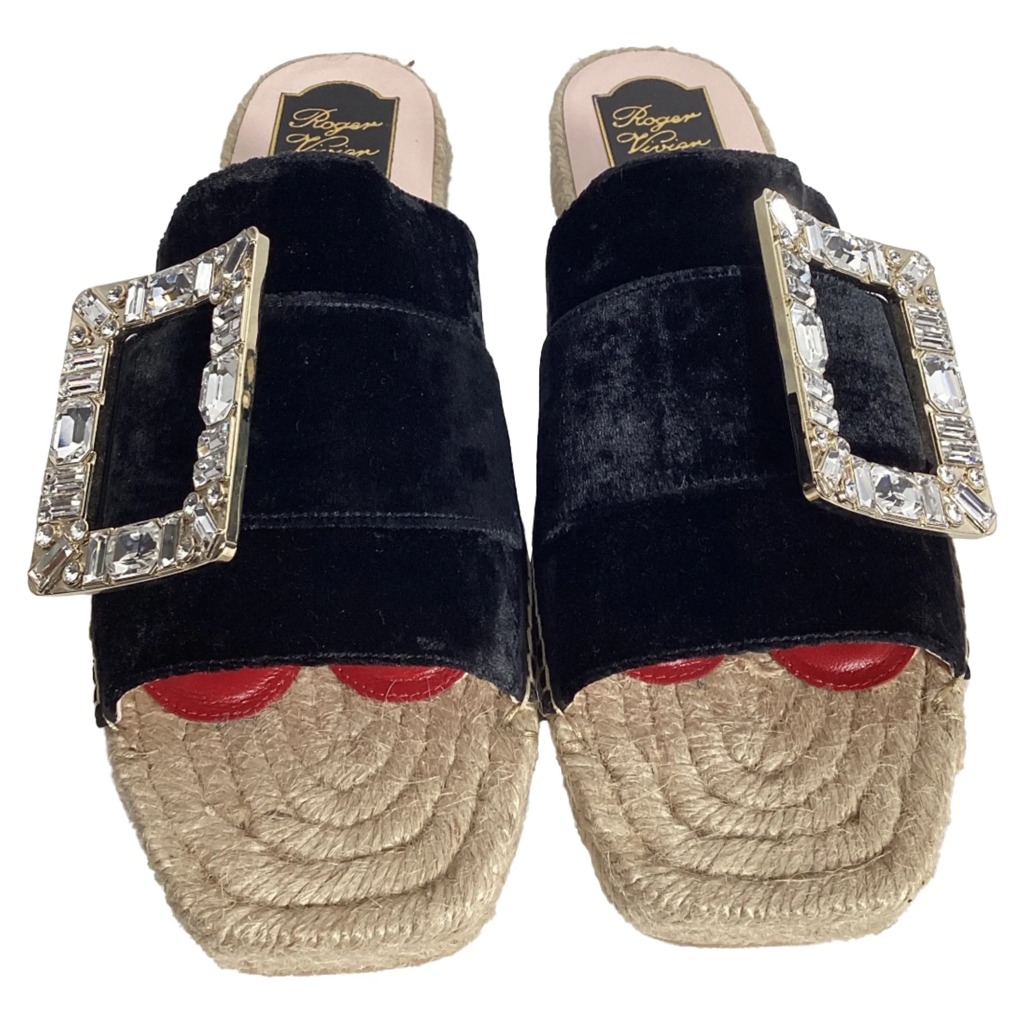 Roger Vivier Strass Espadrille Platform Slides in Black Velvet