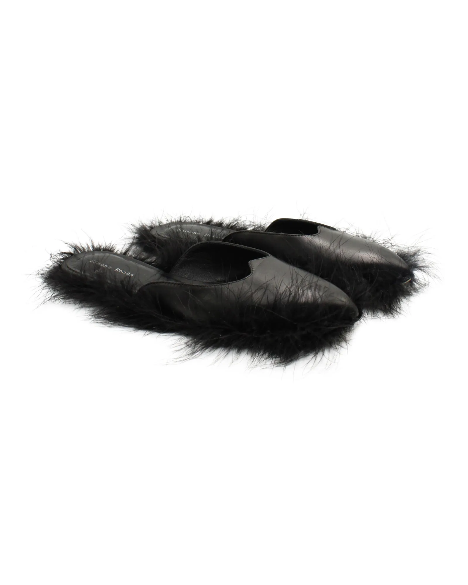 Simone Rocha Fur-Trimmed Slides in Black Leather