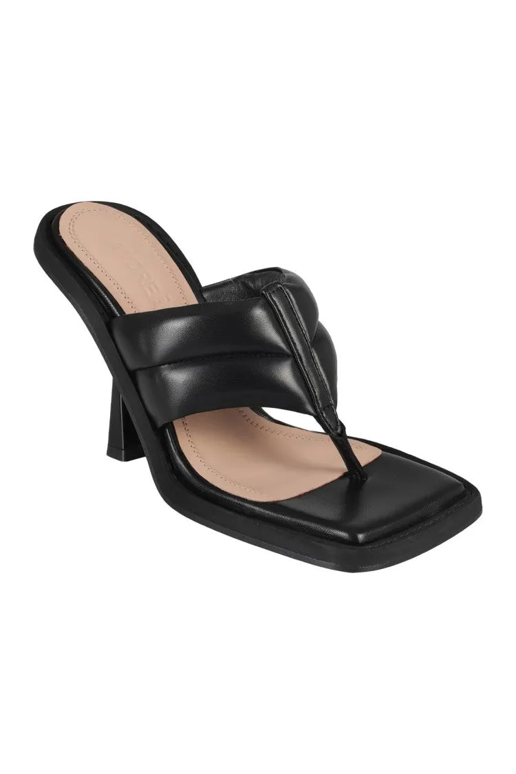 Square Toe Padded Thong Mules In Black Leather