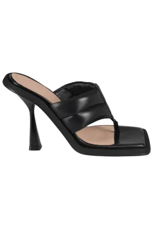 Square Toe Padded Thong Mules In Black Leather