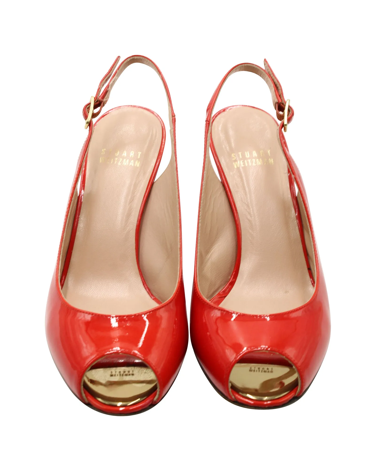 Stuart Weitzman Slingback Peep-Toe Wedge in Red Patent Leather