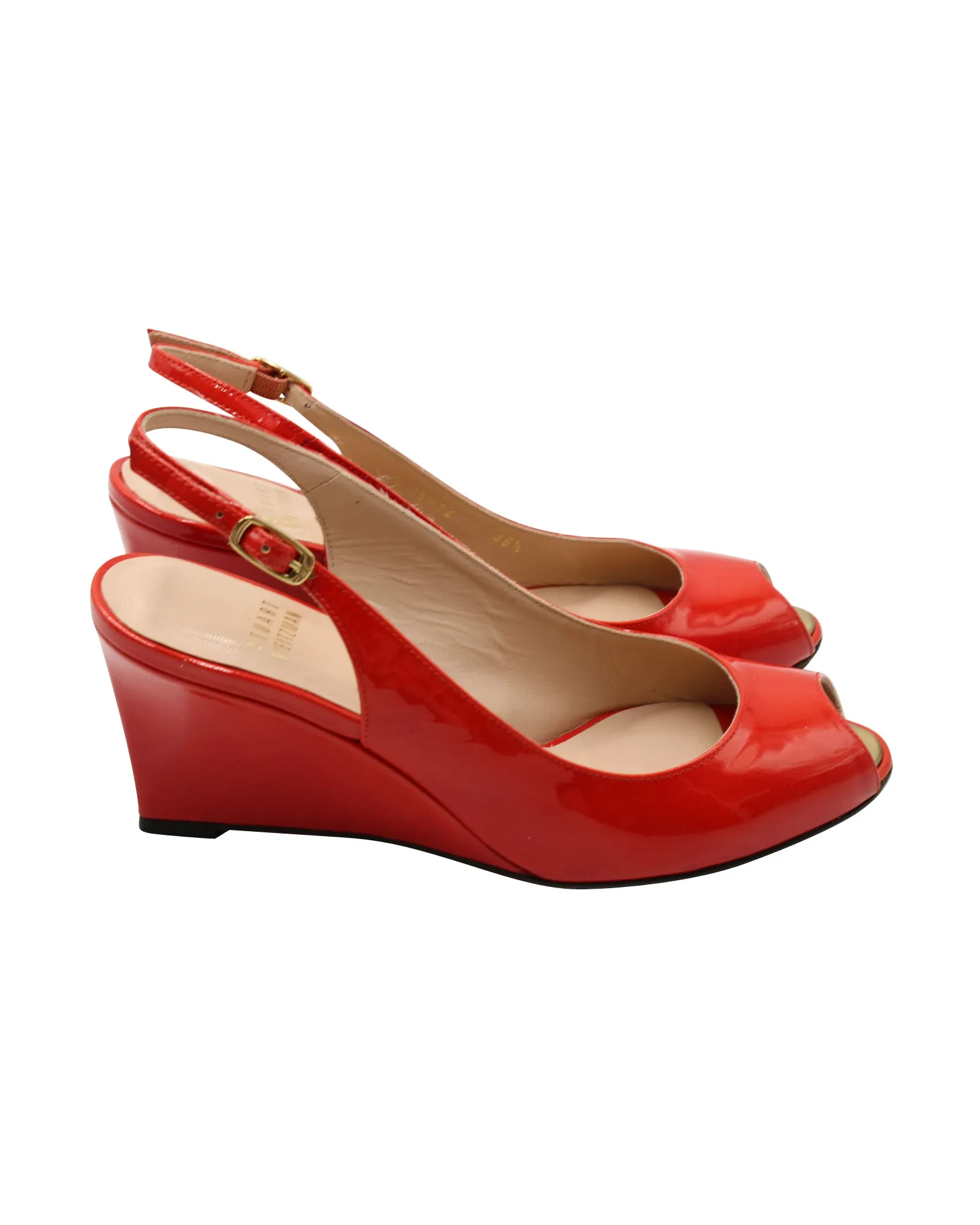 Stuart Weitzman Slingback Peep-Toe Wedge in Red Patent Leather